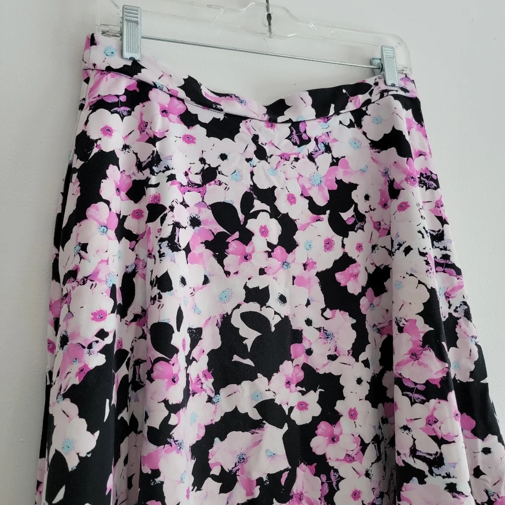Cynthia Rowley Floral A-Line Skirt - Pink Black Stretch Wide Sweep Medium